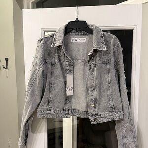 Zara Light Gray Studded Denim Jacket